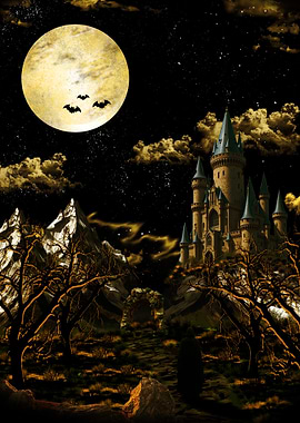 Fantasy Castle Under Full Moon Night