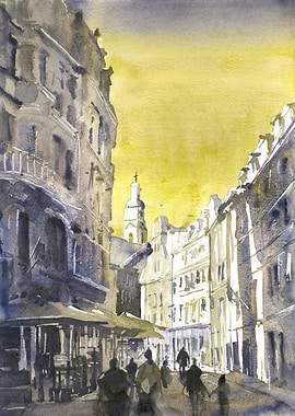 Watercolor painting of a European cityscape