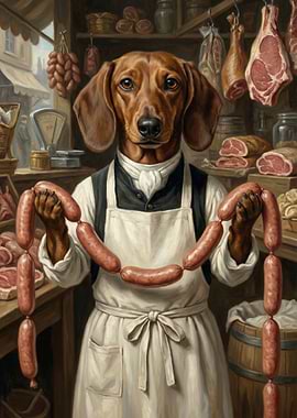 Dachshund Butcher with Sausages