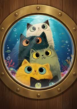 Cats Looking Through Porthole Window
