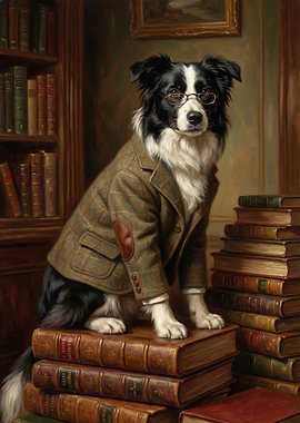 Scholarly Border Collie Portrait in Library Setting