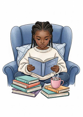 Girl Reading Book in Armchair