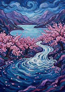 Cherry Blossom River Landscape Painting
