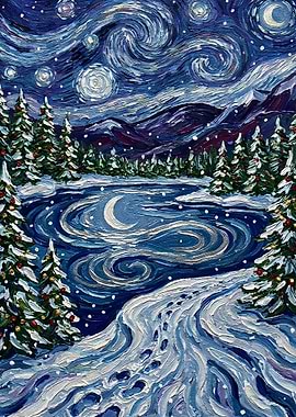 Starry Winter Night Painting