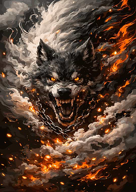 Fiery Wolf with Chains