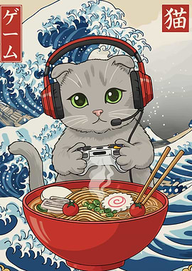 Gamer Cat with Ramen and Waves