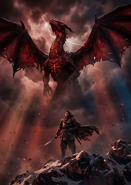 Samurai and Dragon in Stormy Landscape