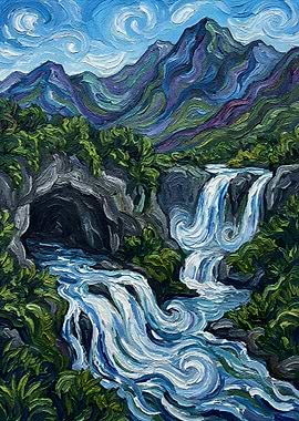 Mountain Waterfall Landscape Painting