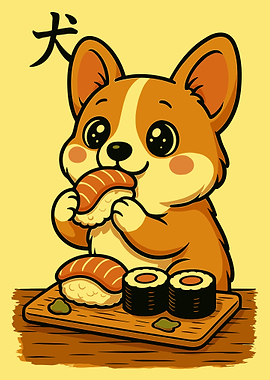 Corgi Sushi Poster, Cute Dog Eating Sushi Art, Japanese Food Cartoon Wall Print
