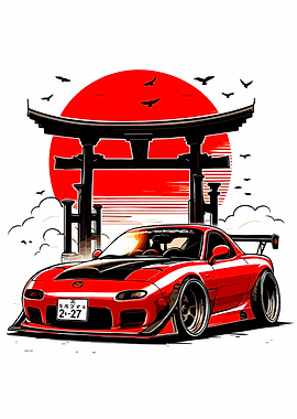 Red Mazda RX-7 with Japanese Torii