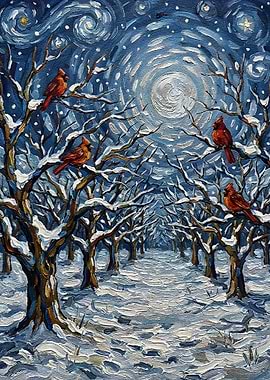 Winter Cardinals in Snowy Forest Painting