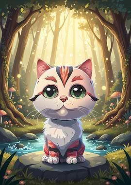 Cute Cartoon Cat in Forest