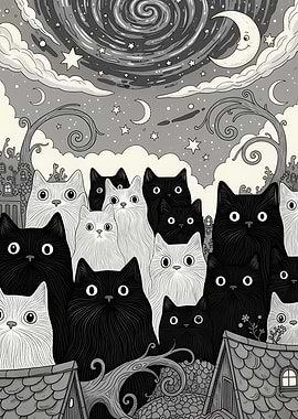Black and White Cats Under Moonlight