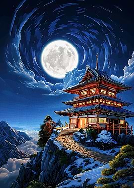 Japanese Pagoda Under Moonlight