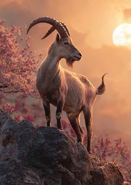 Mountain Goat on Rock at Sunset