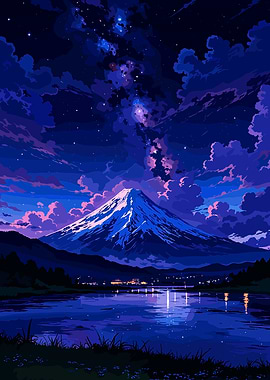 Night Mountain Landscape with Starry Sky