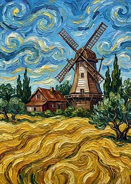 Windmill and House in Field Painting