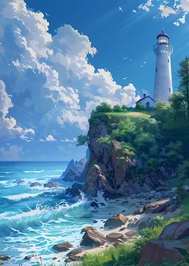 Coastal Lighthouse Scene with Ocean Waves