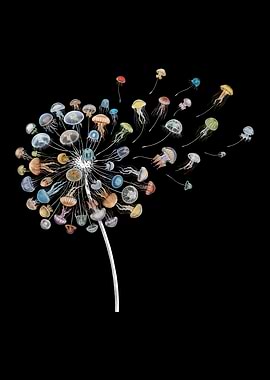 Jellyfish Dandelion on Black Background
