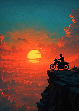 Motorcycle Rider at Sunset Cliff Edge