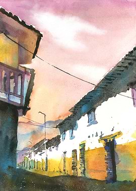 Watercolor painting Peruvian street
