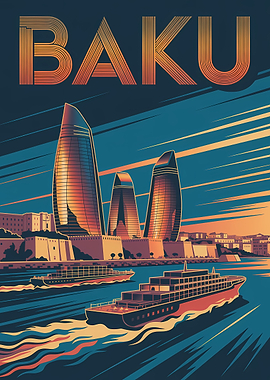 Baku Cityscape Travel Poster