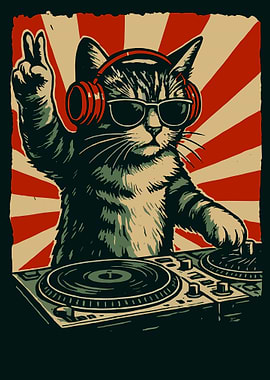 DJ Cat Poster, Cool Cat Music Wall Art, Vintage Style DJ Illustration Print