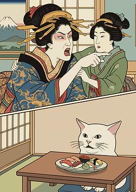 Woman Yelling at a Cat Meme - Ukiyo-e Style Poster
