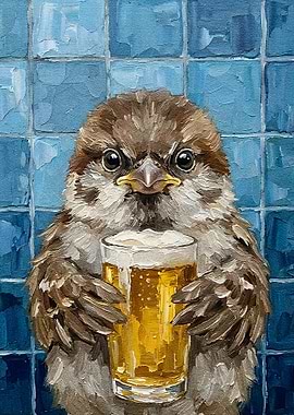 Sparrow with Beer Painting