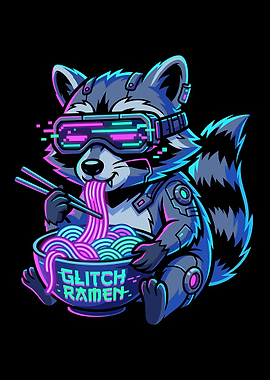 Cyberpunk Raccoon Ramen Poster, Glitch Ramen Neon Art Print, Futuristic Anime Wall Art