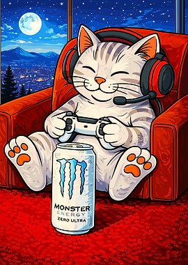 Gaming Cat with Monster Energy Drink