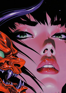 close up Woman and Oni Mask Digital Art