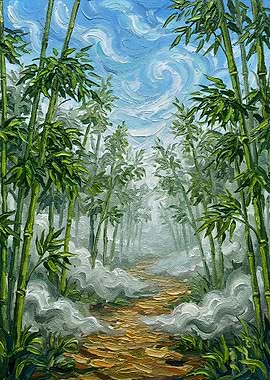 Bamboo Forest Path Oil Painting