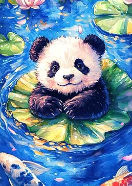 Watercolor Panda on Lily Pad