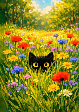 Black cat in a flower field
