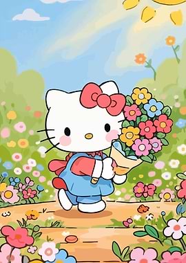 Hello Kitty with Flowers in Garden