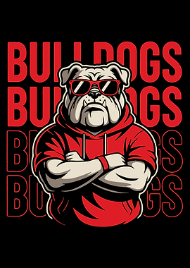 Cool Bulldog Poster, Red Hoodie Cartoon Dog Wall Art, Urban Mascot Illustration Print