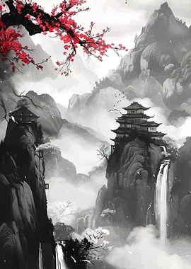 Asian Landscape with Pagodas and Waterfalls
