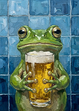 Frog Holding Beer Glass Painting