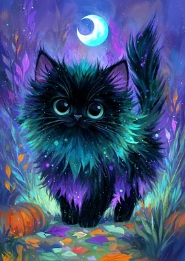 Whimsical Black Cat Under Moonlight