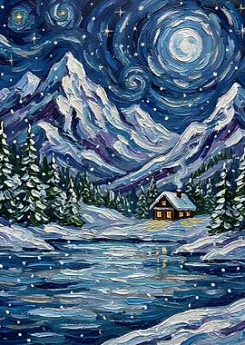 Winter Cabin Under Starry Night Painting