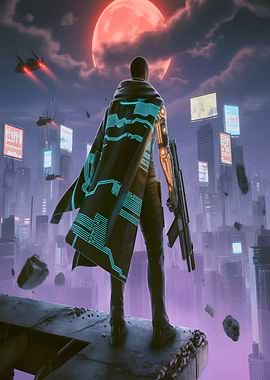Cyberpunk Warrior Overlooking Futuristic Cityscape