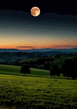 Full Moon Over Green Hills Landscape