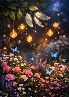 Enchanted Garden with Butterflies and Lights