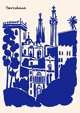 Barcelona Cityscape Blue Silhouette Illustration
