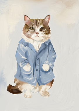 Sir James fluffy cute cat in a Blue Coat Painting
