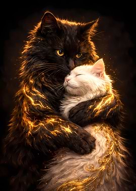 Black And White Cats Couple - Luxury Animal Wall Art - Romantic Gift Decor