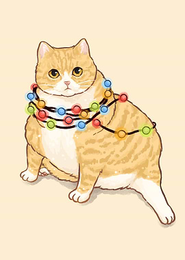Chubby Cat with Christmas Lights