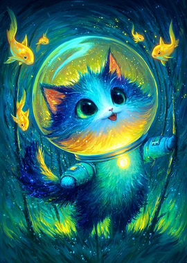 Cosmic Astronaut Cat with Glowing Goldfish