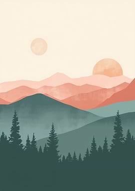 Minimalist Mountain Landscape with Sun